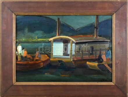 Olvashatatlan jelzéssel: Lakáshajó és emberek. Olaj, karton. Dekoratív fakeretben. 32,5x46,5 cm