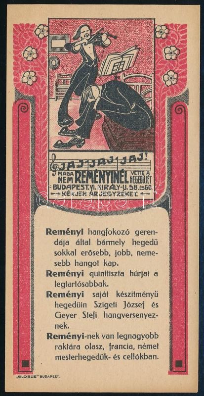 Reményi hangszerboltja (Bp. VI. Király utca) számolócédula