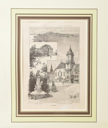Háry Gyula (1864-1946)után, Morelli Gusztáv (1848-1909) és Bálint Benedek (1860-1920): Pozsony, 1897. Rotációs fametszet, papír, jelzett a metszeten. Lapszéli apró felületi sérüléssel. Paszpartuban. 18x12,5 cm