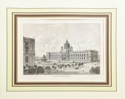 Az új udvari múzeumok Bécsben, 1890-es évek. Rotációs fametszet, papír. Paszpartuban. 12,5x19 cm