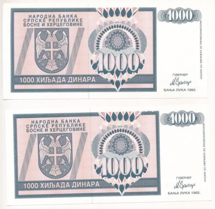 Bosznia-Hercegovina / Szerb Köztársaság / Banja Luka 1992. 1000D (2x) sorszámkövetők 'AA 2322638 - AA 2322639' T:I Bosnia and Hercegovina / Serbian Republic / Banja Luka 1992. 1000 Dinara (2x) consecutive serials 'AA 2322638 - AA 2322639'