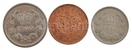 Románia 1900. 2b Br 'I. Károly' + 5b Cu-Ni 'I. Károly' + 10b Cu-Ni 'I. Károly' T:2 patina, ph Romania 1900. 2 Bani Br 'Carl I' + 5 Bani Cu-Ni 'Carl I' + 10 Bani Cu-Ni 'Carl I' C:XF patina, edge error Krause KM#27-29