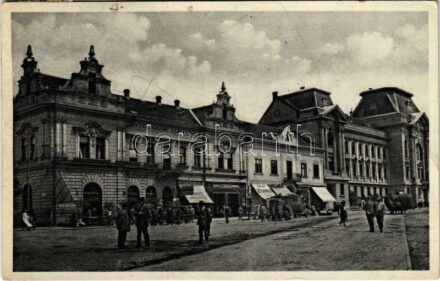 1938 Beregszász, Beregovo, Berehove; Hotel Grand a okresní soud / Grand Szálloda és Járásbíróság, Corso kávéház és mozi, Dobos parfüméria, Bata cipő üzlet / hotel, district court, café, cinema, perfumery, shoe store, shops + '1938