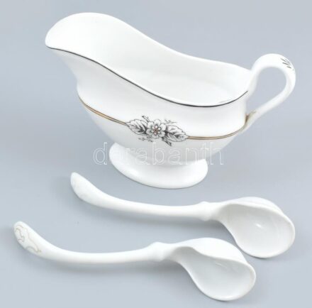 Porcelán szószos kiöntő 2 db kanállal. Matricás, jelzés nélkül, kissé kopott, 20x13x9 cm