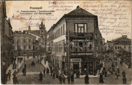 1915 Przemysl, Ul. Franciszkanska i Kazimierzowska / Franziskaner und Kazimirgasse / street view, shop of Eisner + 'K.u.K. Garnisonsspital Nr. 3. in Prezmysl' (fl)
