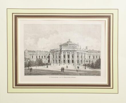 Rudolf Bernt (1844-1914) után: A Franzensringre néző új Burg-színház Bécsben, 1885. Rotációs fametszet, papír, jelzett a metszeten. Paszpartuban. 12,5x19 cm