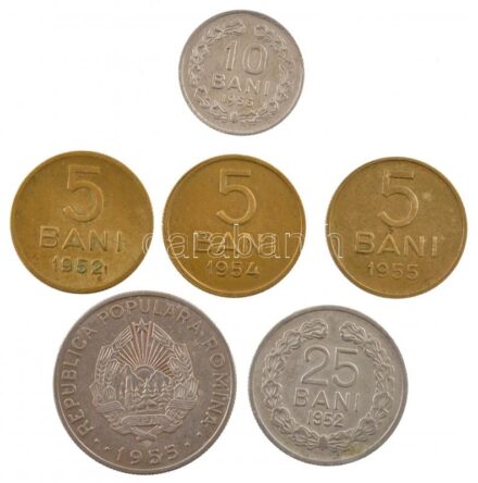 Románia 1952. 5b + 25b + 1954. 5b + 1955. 5b + 50b + 1956. 10b T:2,2- patina Romania 1952. 5 Bani + 25 Bani + 1954. 5 Bani + 1955. 5 Bani + 50 Bani + 1956. 10 Bani C:XF,VF patina