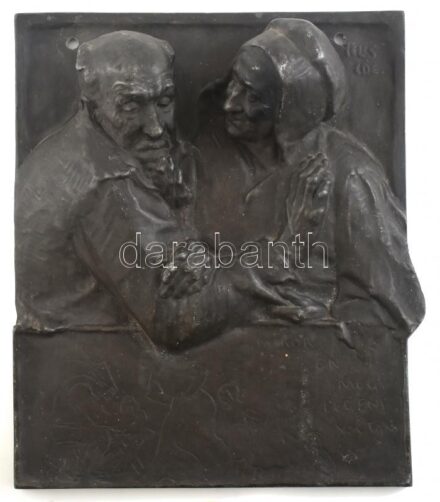 Telcs Ede (1872-1948): 'Mikor én még legény voltam' Fém dombormű karcolt felirattal. Jelzett. 22x26 cm