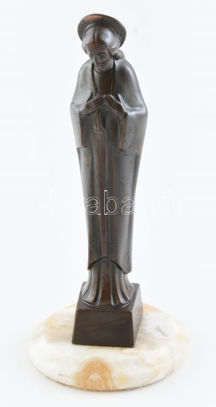 Jelzés nélkül: Art Deco Szűz Mária. Öntött, patinázott bronz, ónix talapzaton, m: 23 cm