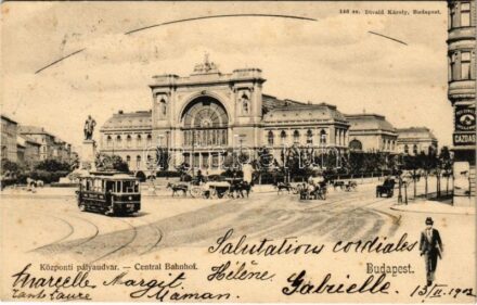 1903 Budapest VII. Központi (Keleti) pályaudvar, vasútállomás, Baross szobor, villamos. Divald Károly 146. sz. (EK)