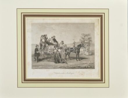 William French (1815-1898) metszése, Peingret után: Nápolyi bérkocsi (Napolitanischer Miethwagen). Acélmetszet, papír. Jelzett a metszeten. Kissé foltos. Paszpartuban. 15x20,5 cm.