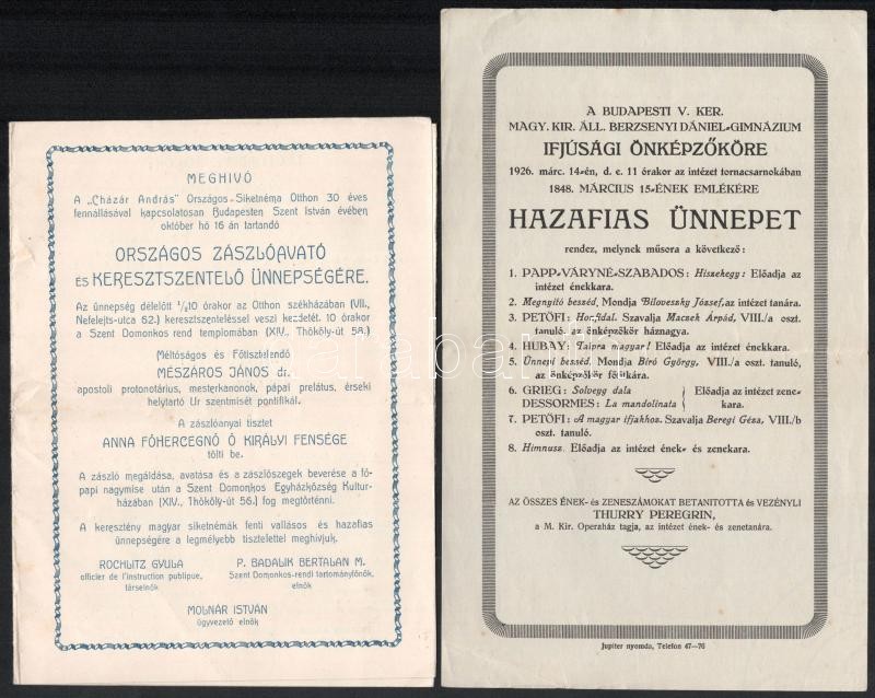 1926-1941 4 db rendezvényekre szóló meghívó és felhívás: A 'Cházár András' Országos Siketnéma Otthon meghívója zászlóavató és keresztszentelő ünnepségre + A budapesti Berzsenyi Dániel Gimnázium ifjúsági önképzőköre