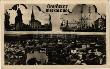 1950 Miskolc, mozaiklap, látkép zsinagógával
