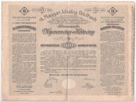 Budapest 1906. 'A Magyar Jelzálog-Hitelbank Konvenzionális Nyeremény-Kötvénye' 'B' részkötvény 100K-ról, szárazpecséttel T:III