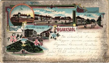 1904 Fogaras, Fagaras; Ferenc József tér, vár, megyeház, Városliget, Sterczing utca, Mercur szálloda. Schwidernoch Károly kiadása / square, castle, county hall, park, street, hotel, floral, Art Nouveau, litho (Rb)