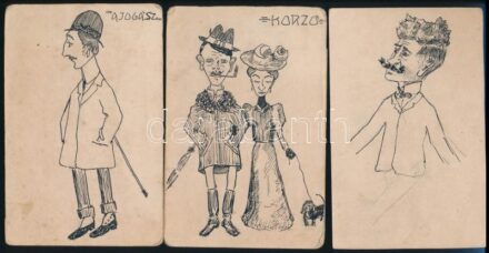 Jelzés nélkül, ismeretlen XX. sz. eleji magyar művész 3 db karikatúrája: Korzó, a jogász és cím nélkül. Tus, karton 14x9,5 cm