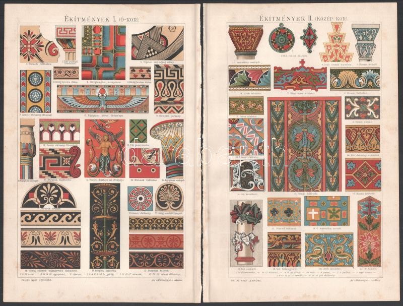 cca 1900 4 db Ékítmény témájú nyomat a Pallas Lexikonból. Lap széle kissé foltos. 24x16 cm