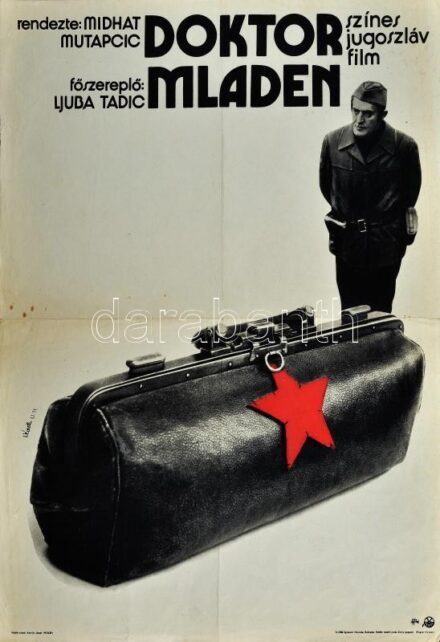 1976 Doktor Mladen, filmplakát, grafikus: Németh N., Egyetemi Ny., hajtva, kis szakadásokkal, foltokkal, 56x40,5 cm