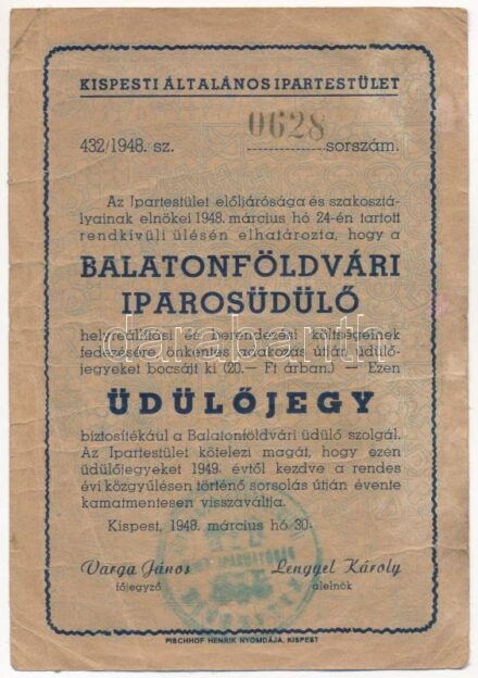 1948. 'Kispesti Általános Ipartestület' üdülőjegye a Balatonföldvári Iparosüdülő helyreállítási és berendezési költségeinek fedezésére 20Ft-os névértékben T:III