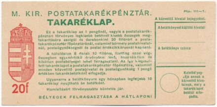 1926-1945. 'M. Kir. Postatakarékpénztár' takaréklapja, kitöltetlen, bélyegek nélkül T:I-