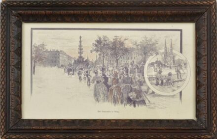 cca 1880-1900 Der Praterstern in Wien. Rotációs fametszet, papír, jelzés nélkül. Üvegezett fakeretben. 12x23 cm