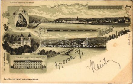 1899 (Vorläufer) Lippa, Lipova, Radna-Lippa; Állami polgári és kereskedelmi iskola, Kegykép, templom. Schwidernoch Károly / Gnadenbild u. Wallfahrtskirche, Staats-Bürger u. Handelsschule / school, church, floral, Art Nouveau litho