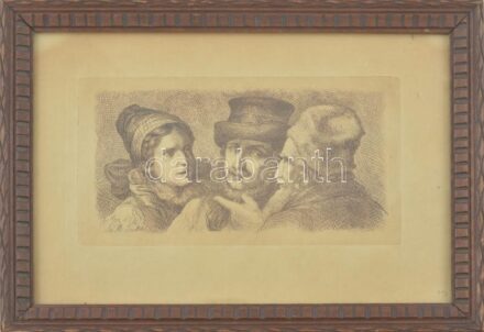 Szemlér Mihály (1833-1904): Beszélgetők. Rézkarc, papír. Jelzett a karcon. Dekoratív, üvegezett fakeretben. 10,5x19 cm