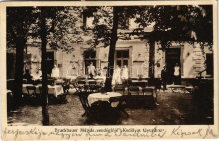 1929 Budapest II. Pasarét, Bruckbauer Mátyás féle Kedélyes Gyurihoz vendéglő, étterem, kert pincérekkel + Portó (EK)