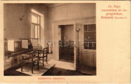 Budapest VIII. Dr. Pajor szanatórium és vízgyógyintézet, vízgyógyterem, inhalatorium, belső. Id. Weinwurm Antal kiadása. Vas utca 17. (kicsit ázott / small wet damage)
