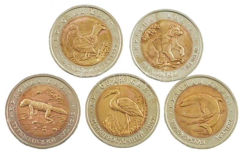 Oroszország 1993. 50R bimetál (5xklf) 'Vörös Könyv - Veszélyeztetett Állatok' forgalomba nem került emlékérmek, összesen 300.000 példányban készültek T:1- patina, az egyiken karc Russia 1993. 50 Rubles bimetallic (5xdiff) 'Red Book