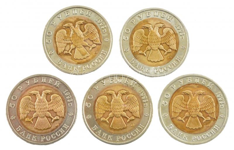 Oroszország 1993. 50R bimetál (5xklf) 'Vörös Könyv - Veszélyeztetett Állatok' forgalomba nem került emlékérmek, összesen 300.000 példányban készültek T:1- patina, az egyiken karc Russia 1993. 50 Rubles bimetallic (5xdiff) 'Red Book - Image 2