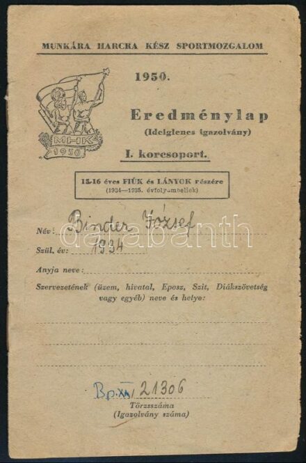 1950 MHK (Munkára Harcra Kész Sportmozgalom) eredménylap