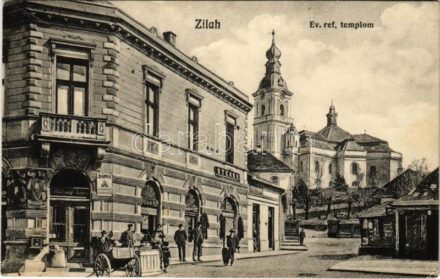 1913 Zilah, Zalau; Református templom, utca, Székely Miklós, Stern R. és Materny János üzlete, Duna biztosító főügynöksége / church, shops, street, insurance company + 'ZILAH P.U.'