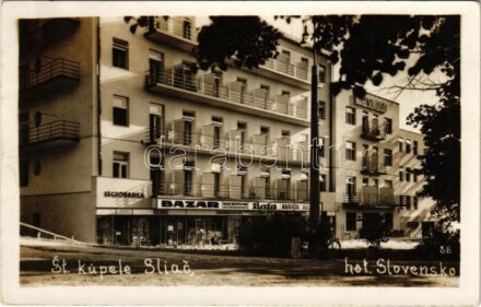 Szliácsfürdő, Kúpele Sliac; Hotel Slovensko, Legiobanka, Bazar Rucnych prác, Bata, Krajcír Alex, Salus, Aszódi / szálloda, váltóbank, üzletek / hotel, bank, shops. photo