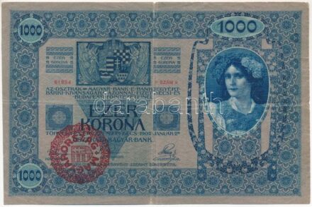 1902. 1000K piros 'MAGYARORSZÁG' körbélyegzővel T:III szakadás, kis anyaghiány Adamo SK35B