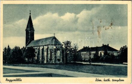 1940 Nagyszőlős, Nagyszőllős, Vynohradiv (Vinohragyiv), Sevljus, Sevlus; Római katolikus templom / church + 'KŐRÖSMEZŐ-BUDAPEST' vasúti mozgóposta