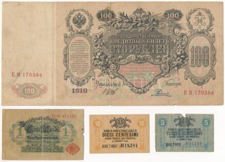 8db vegyes európai bankjegy tétel, közte Németország, Olaszország, Oroszország, Szlovénia bankjegyei T:III-IV közte szakadás, anyaghiány, kis firka 8pcs of mixed european banknotes, in it Germany, Italy, Russia, Slovenia C:F-G tear,
