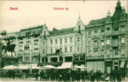 Zagreb, Zágráb; Jelacicev trg, Anker, Zubar Rado, Dr. Dimovic, F. Rudovits, Leop. Schwarz, Hrvatska Banka / tér, üzletek, horvát bank / square, Croatian bank, shops