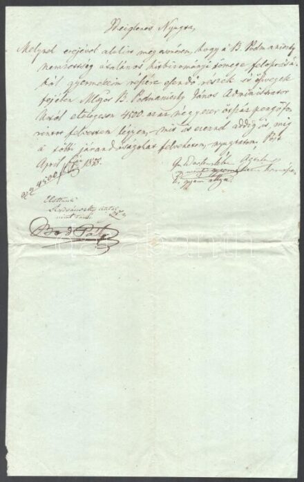 1848 Gróf Wartensleben Ágoston (1804-1875) gyömrői földbirtokos, a szabadságharc idején honvéd alezredes, Petőfi Sándor barátja saját kézzel írt és aláírt nyugtája, melyben báró Podmaniczky Jánostól a Podmaniczky nemesség