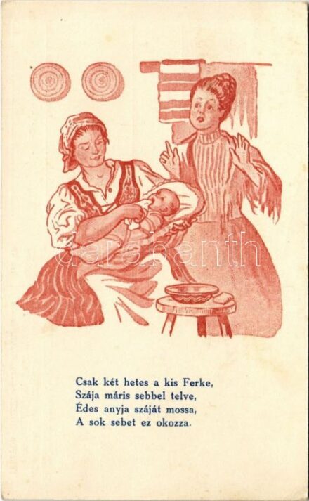Csak két hetes a kis Ferke, szája máris sebbel telve... Kiadja az Országos Stefánia Szövetség az anyák és csecsemők védelmére / Hungarian propaganda postcard, Mother and child protective movement (EK)