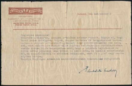 1941 Pünkösti Andor (1892-1944) író, újságíró, rendező, színházigazgató saját kézzel aláírt, gépelt levele ismeretlen hölgynek, melyben leírja, hogy az általa nagyon tehetségesnek tartott, frissen végzett Marton Endre, a