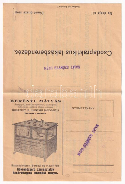 Berényi Mátyás szőnyegek, antik- és stylbútorok, dísztárgyak, festmények, csillárok alkalmi árusítása. Szabadalmaztatott Berényi és Havay-féle fiókrendszerű zsúrasztalok kizárólagos eladási helye. Budapest, Hunyadi János út