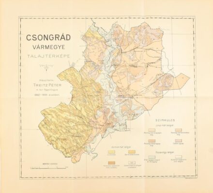 cca 1905 Csongrád vármegye talajtérképe, 1:200.000, készítette Treitz Péter m. kir. főgeologus 1892-1905 években, litográfia, Bp. Klösz Gy. és fia, 57x63 cm