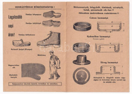 Munkásvédelmi bőrkészítmények! Bőrkarmantyúk, bőrgyűrűk, tömítések, szivattyúk, kutak, permetezők!! Minden méretben raktáron!! Gál Mihály gépszíj és műszaki bőráruműhely kinyitható reklám képeslapja. Budapest,
