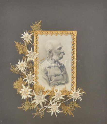 Ferenc József képeslap fekete kartonlapon, arany díszítéssel és igazi szárított havasi gyopárral / Franz Joseph postcard on black cardboard, golden decoration with real dried edelweiss flowers