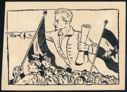 cca 1947 Petőfi iránymutatása szerint előre a kommunizmus útján, a Népszavában megjelent eredeti tusrajz, hátoldalon publikálási jelzéssel, ragasztónyomokkal