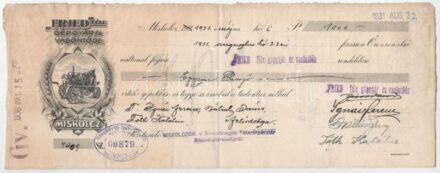 Miskolc 1931. 'Fried-féle Gépgyár és Vasöntöde Miskolcz' kitöltött váltója 1000P-ről, bélyegzésekkel, illetékbélyegekkel T:III