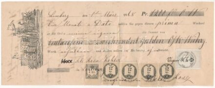 Lviv (Lemberg) 1868. Kitöltött váltó 1200G-ről, illetékbélyegekkel T:III