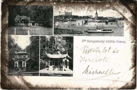 1902 Pozsony, Pressburg, Bratislava; Második Mezőgazdasági kiállítás, erdészeti és vadászati pavilon, Izabella házi ipar pavilon, Szamos monitorhajó, vár. Duschinsky G. kiadása / 2nd National Agricultural Exposition, hunting pavilion,