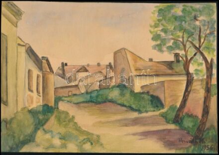 Horváth M jelzéssel: Kisvárosi utca, 1956. Akvarell, ceruza, papír, 14,5x19 cm